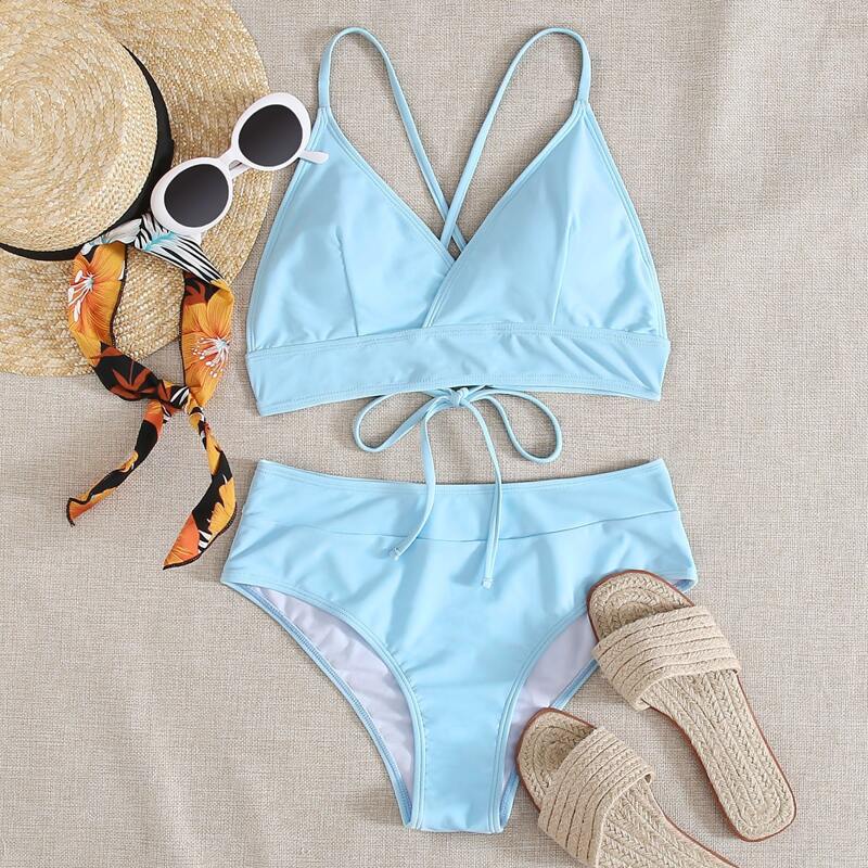 

Tie Back High Waist Bikini Swimsuit, Pastel baby blue