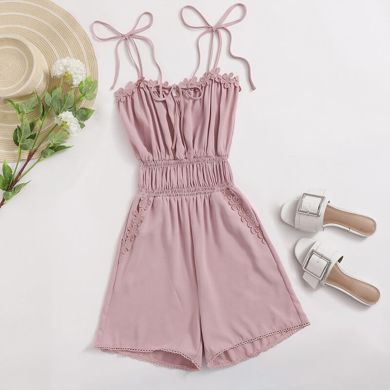

Applique Tie Shoulder Ruched Cami Romper, Dusty pink
