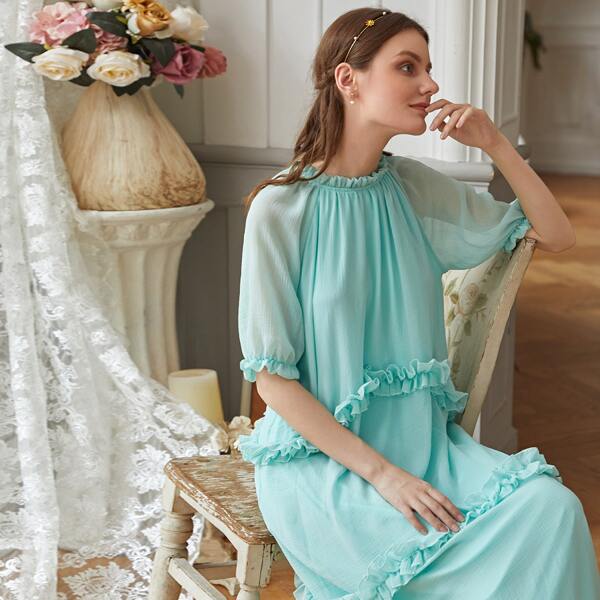 

Solid Frill Trim Tunic Dress, Mint green