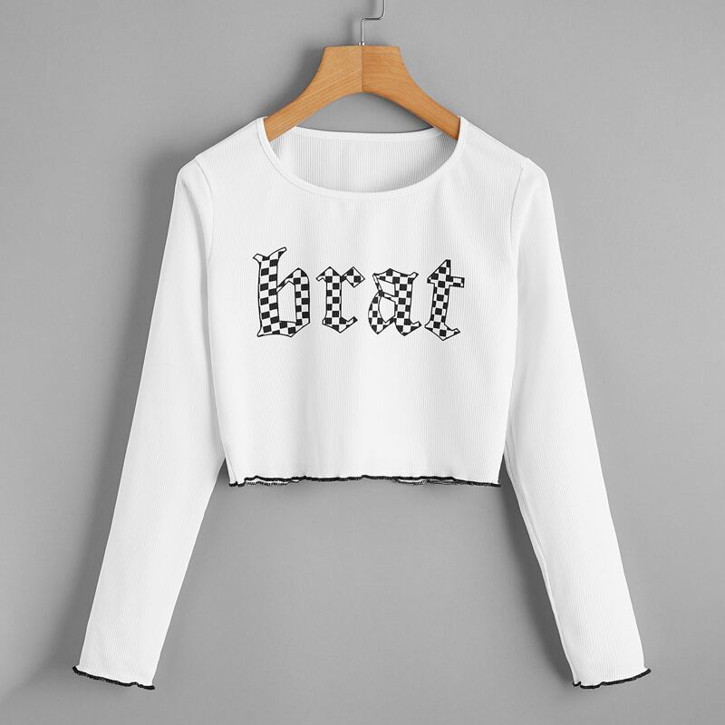 

Letter & Checkered Print Lettuce Trim Top, White