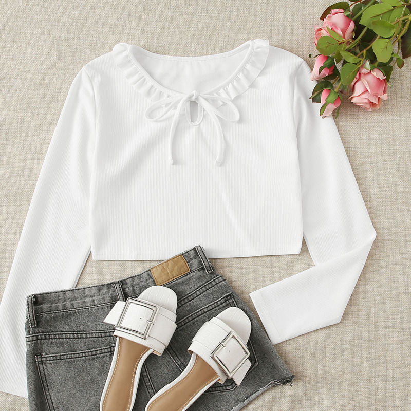 

Ruffle Trim Tie Neck Rib-Knit Crop Top, White