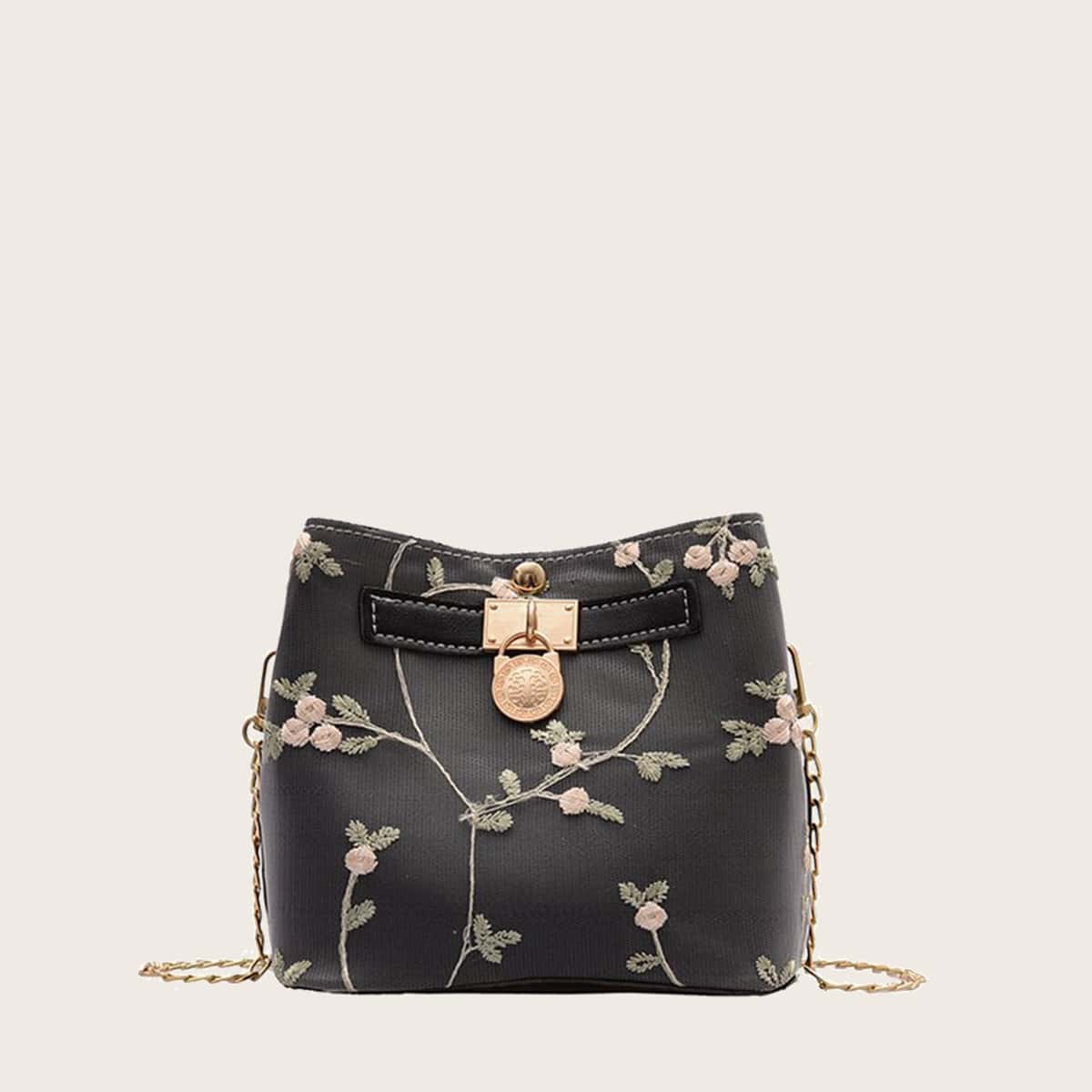 

Floral Embroidery Chain Crossbody Bag, Black