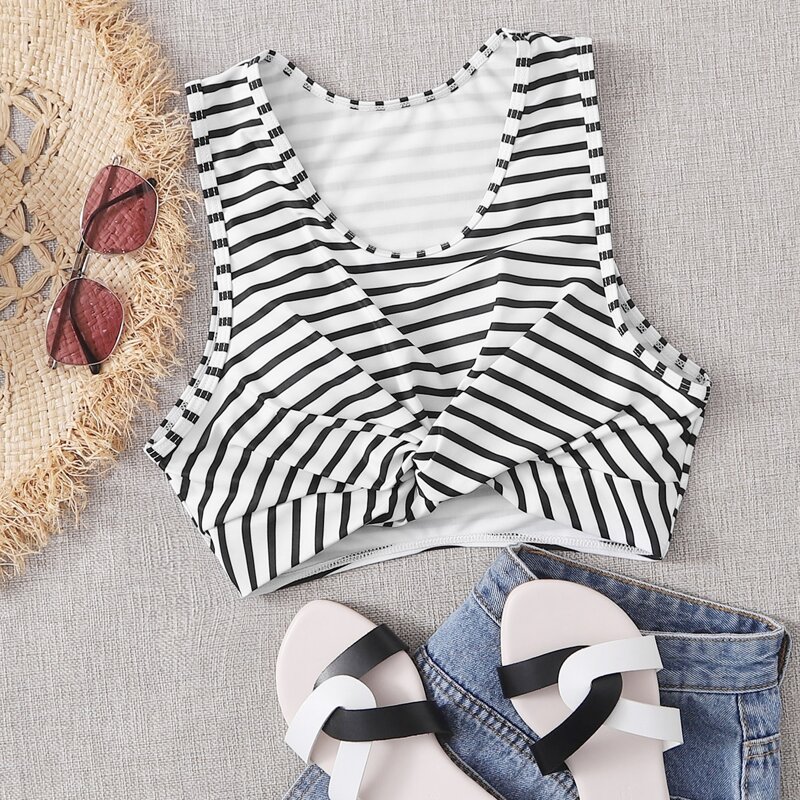 

Striped Twist Front Bikini Top, Black and white