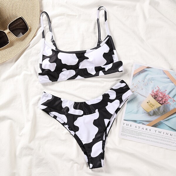 

Cow Print High Cut Bikini Swimsuit, Black and white