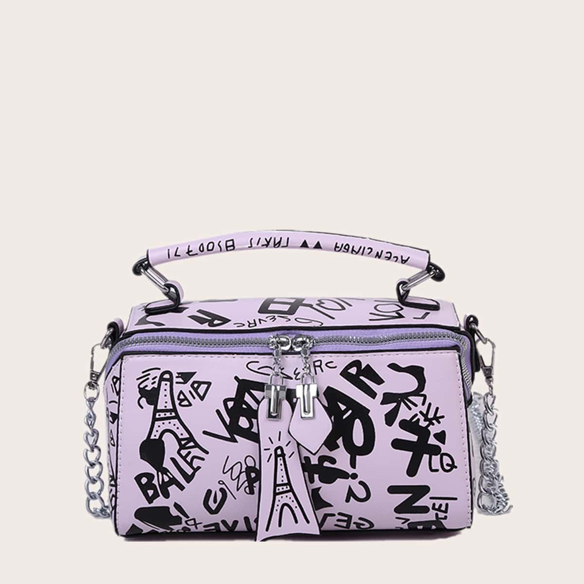 

Graffiti Chain Satchel Bag, Lilac purple