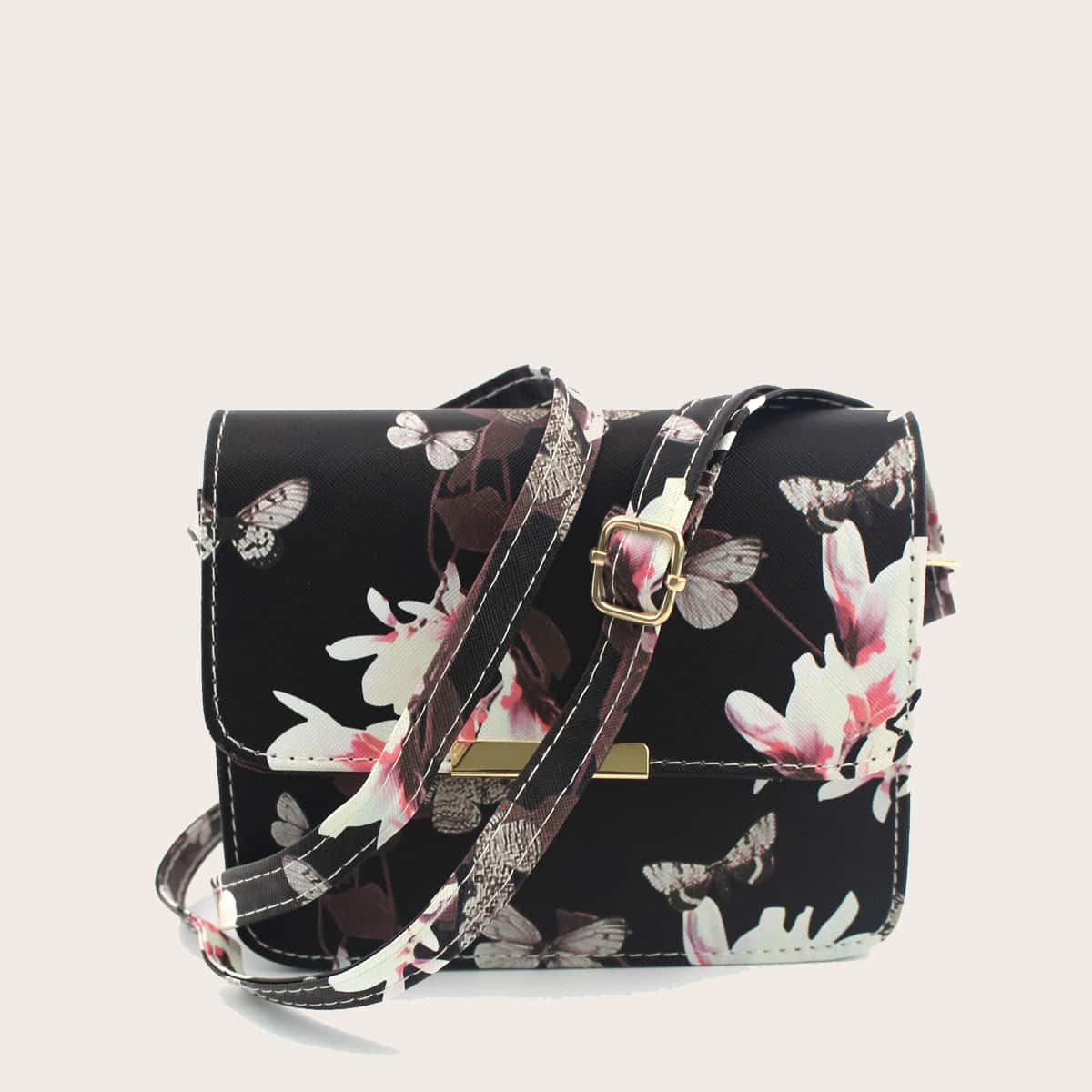 

Floral & Butterfly Crossbody Bag, Black