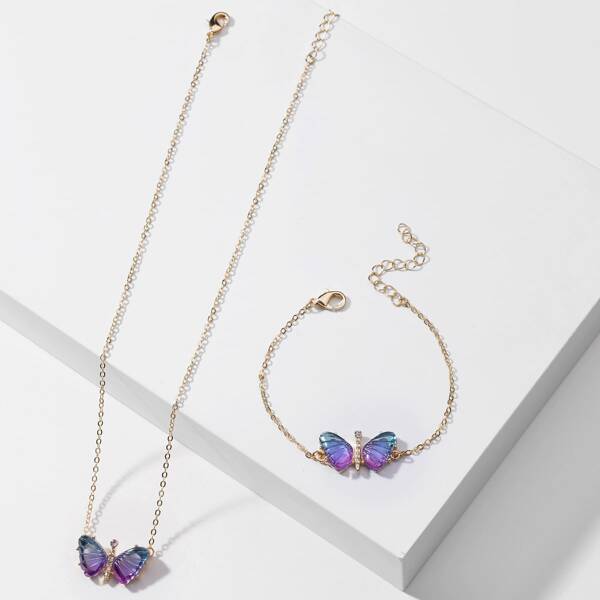 

2pcs Butterfly Decor Necklace & Bracelet, Purple