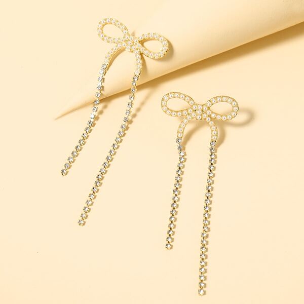 

Rhinestone Bow Drop Earrings, Gold