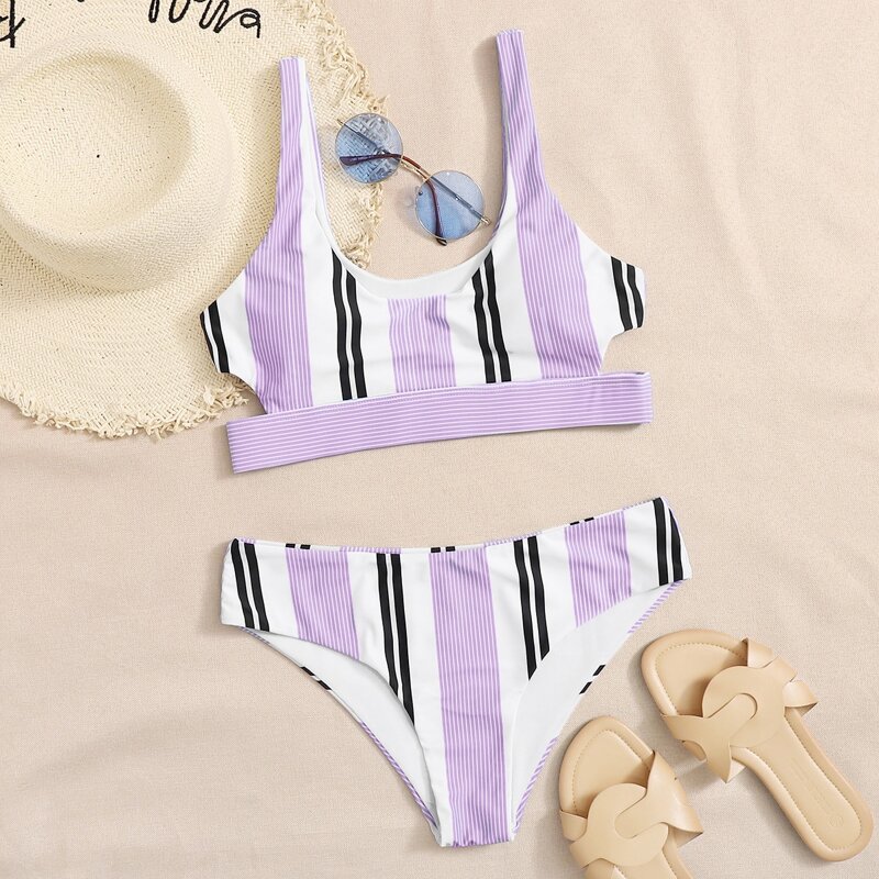 

Stripe Cut-out Bikini Swimsuit, Lilac purple