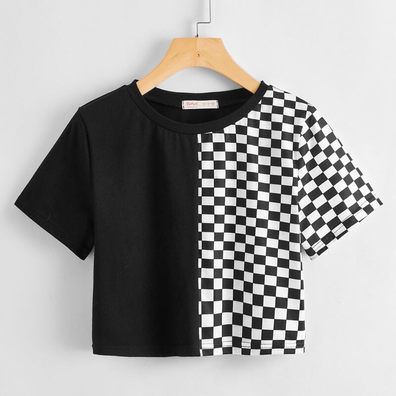 

Checkerboard Panel Crop Top, Black and white