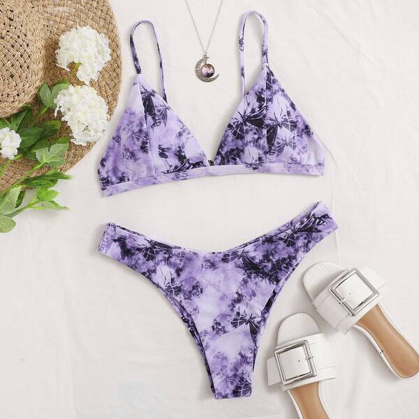 

Allover Print Triangle Bikini Swimsuit, Purple