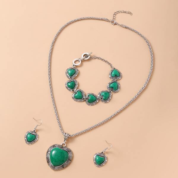 

Heart Pendant Necklace & Bracelet & Earrings, Green