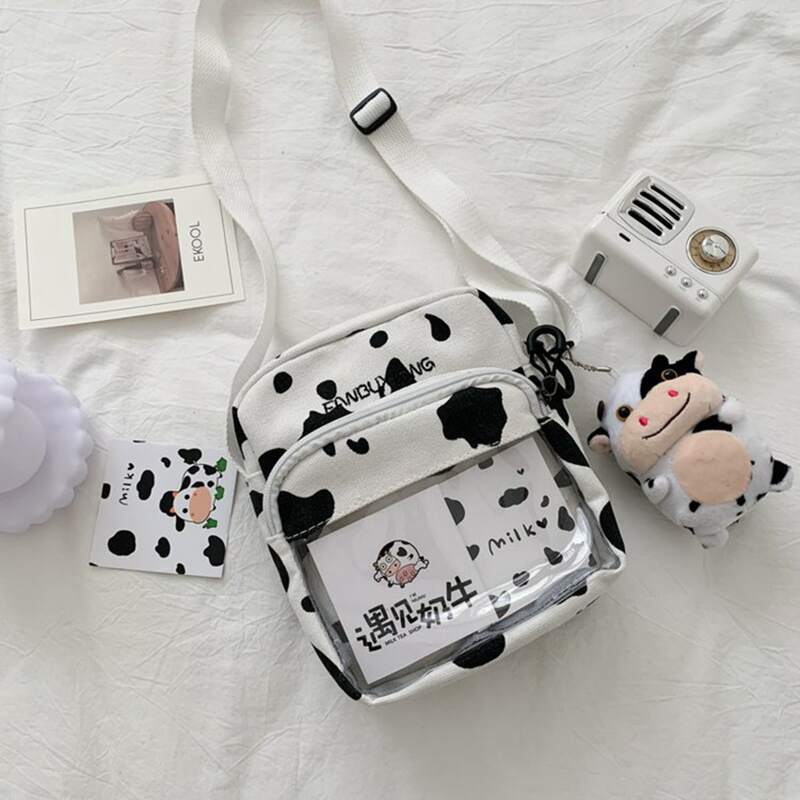

Cow Print Canvas Crossbody Bag & Bag Charm, Black and white