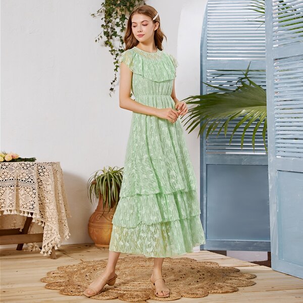 

Layered Ruffle Lace Dress, Mint green