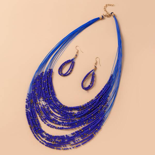 

Multi-layer Necklace & Earrings, Blue
