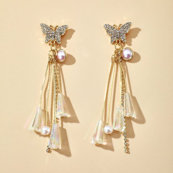 

Diamond Pearl Butterfly Tassel Earrings, Gold