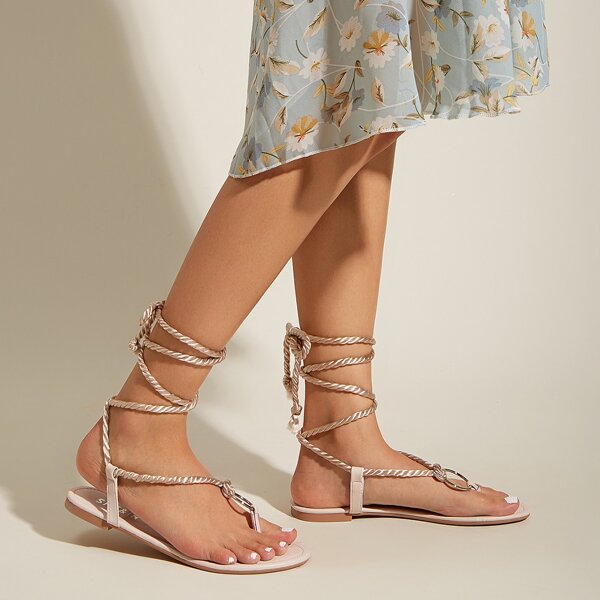 

Toe Post Hemp Rope Tie Leg Flat Sandals, Pink