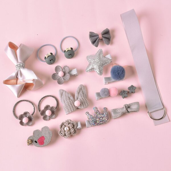 

18pcs Toddler Girls Bow Pom Pom Hair Accessory, Grey