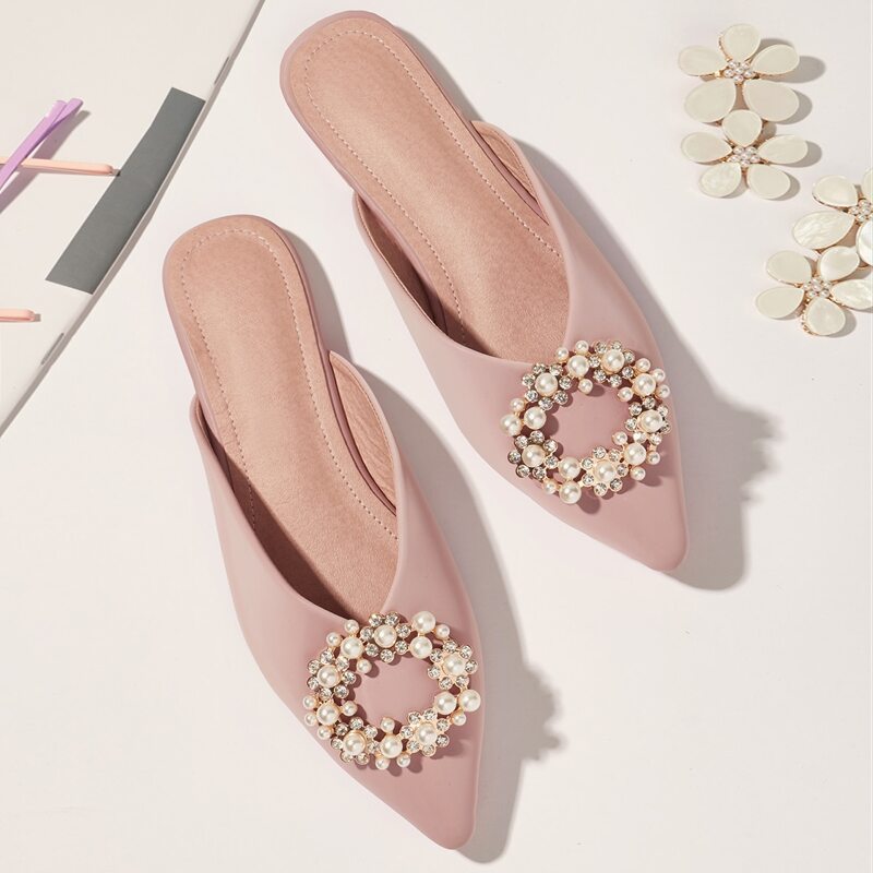 

Faux Pearl & Rhinestone Decor Flat Mules, Pink
