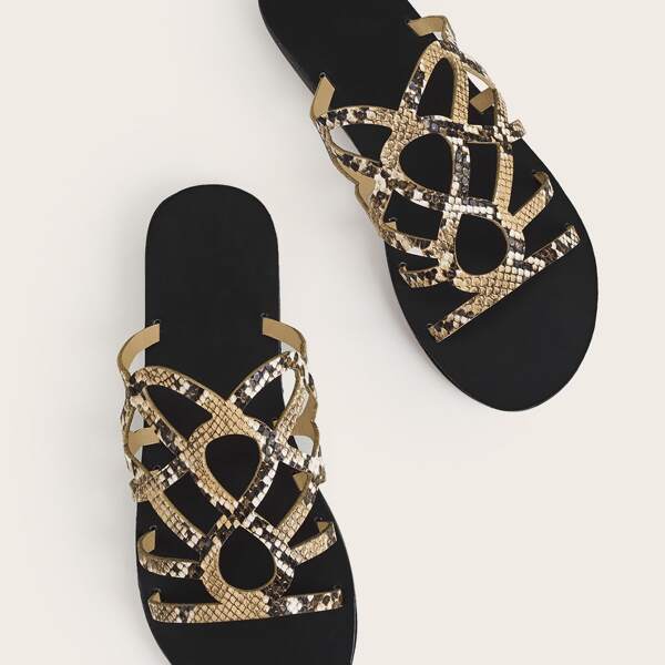 

Snakeskin Print Cut Out Slide Sandals, Brown