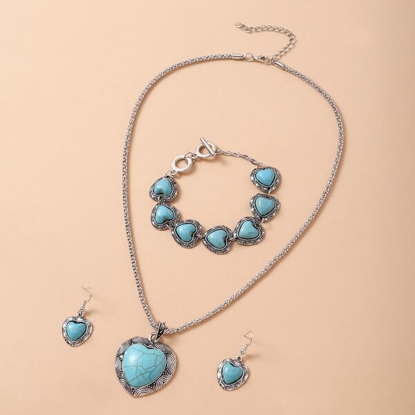 

Heart Pendant Necklace & Bracelet & Earrings, Blue
