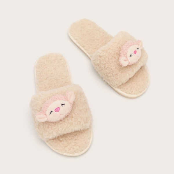 

Cartoon Decor Open Toe Fluffy Slippers, Beige