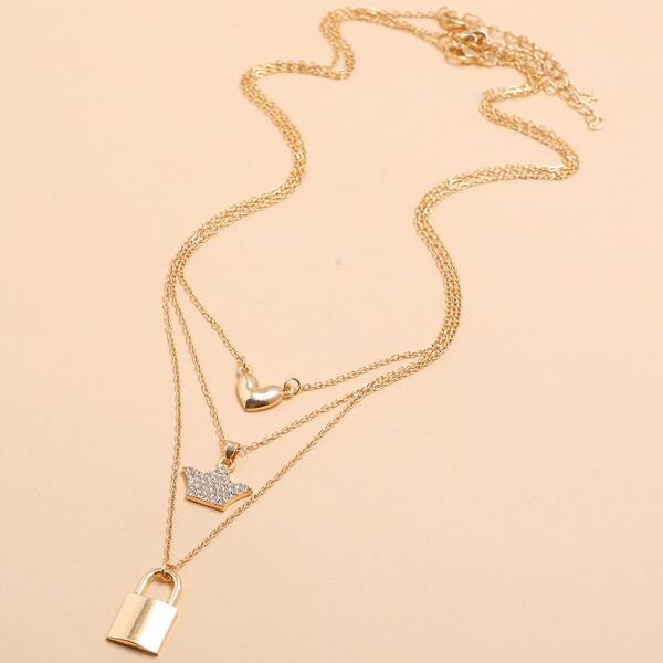 

3pcs Lock Charm Necklace, Gold