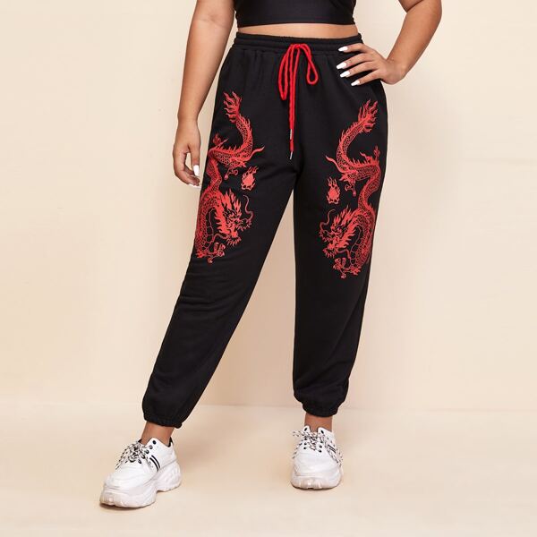 

Plus Knot Waist Dragon Print Sweatpants, Black