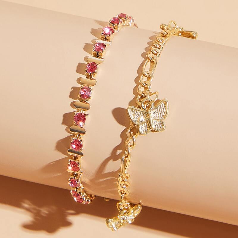 

2pcs Rhinestone Butterfly Anklet, Gold