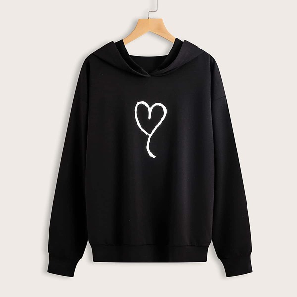 

Heart Print Hooded Sweatshirt, Black