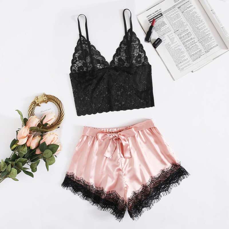 

Floral Lace Bralette With Satin Shorts, Multicolor