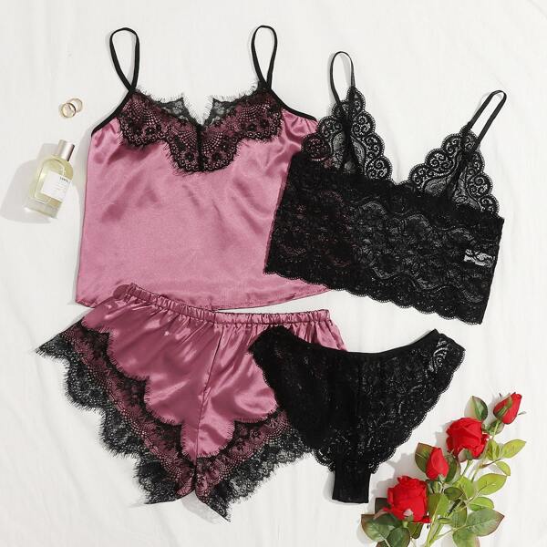 

4pack Contrast Lace Satin Lingerie Set, Multicolor