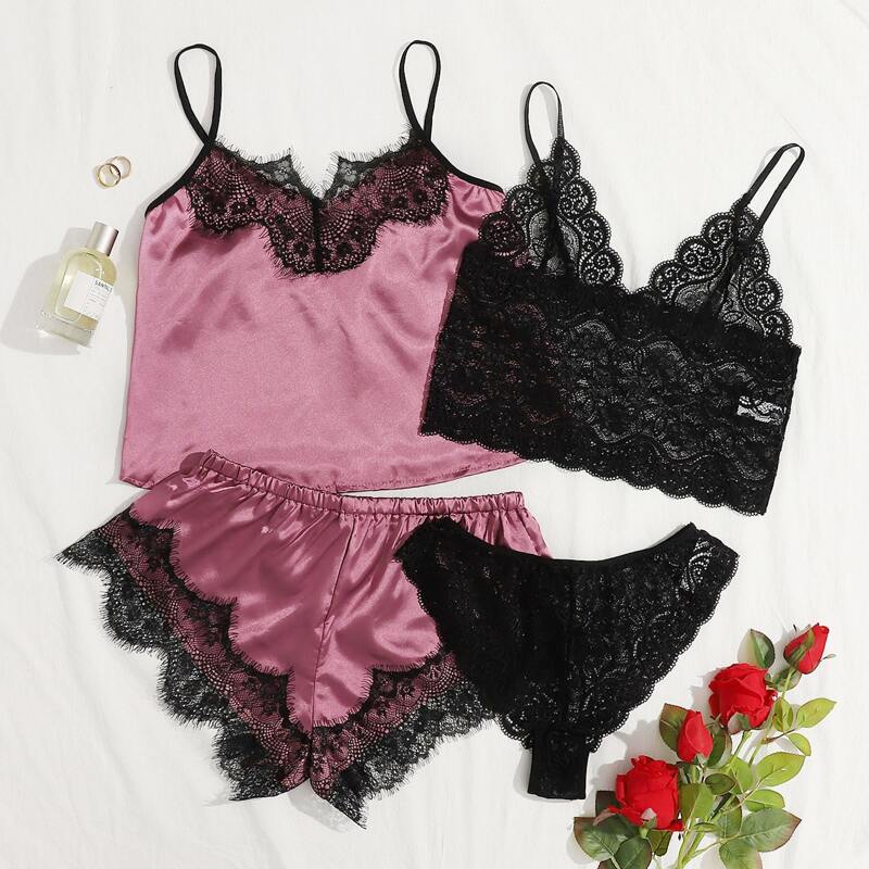 

4pack Contrast Lace Satin Lingerie Set, Multicolor