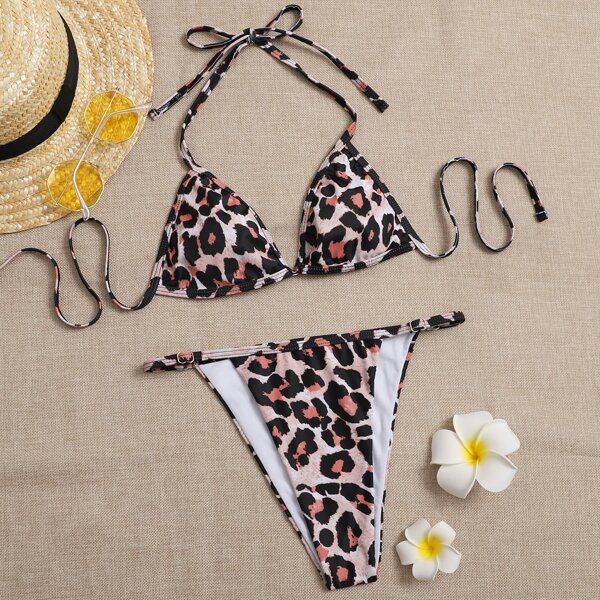 

Leopard Triangle Halter Tanga Bikini Swimsuit, Multicolor