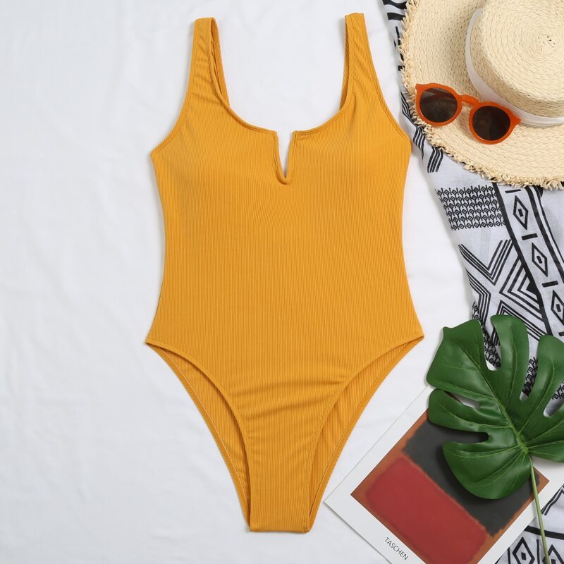 

Rib V Wired One Piece Swimsuit, Mustard yellow
