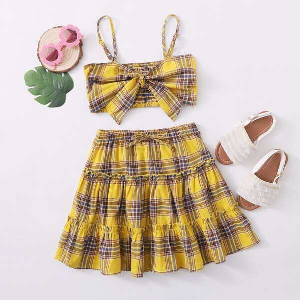 

Girls Tie Front Shirred Tartan Cami Top & Frill Trim Skirt Set, Yellow