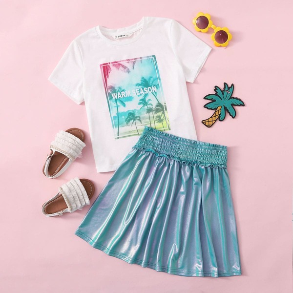

Girls Letter and Tropical Print Top & Metallic Skirt Set, Multicolor