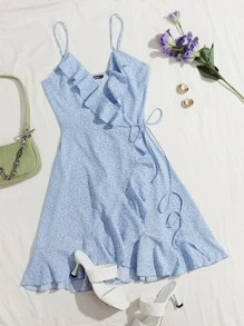 Soleia Ruffle Trim Wrap Tie Side Ditsy Floral Slip Dress - Baby Blue - View 1
