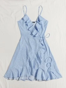 Soleia Ruffle Trim Wrap Tie Side Ditsy Floral Slip Dress - Baby Blue - View 3