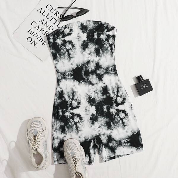 

Tie Dye Rib-knit Tube Romper, Black and white
