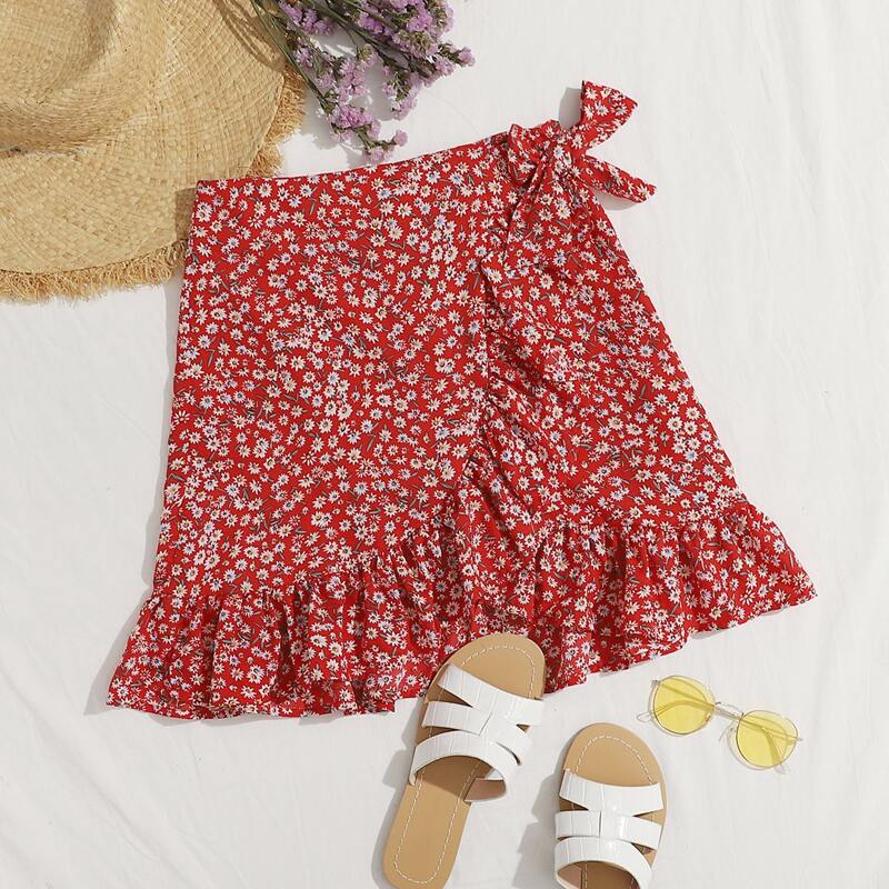 

Knot Side Ruffle Hem Ditsy Floral Skirt, Red
