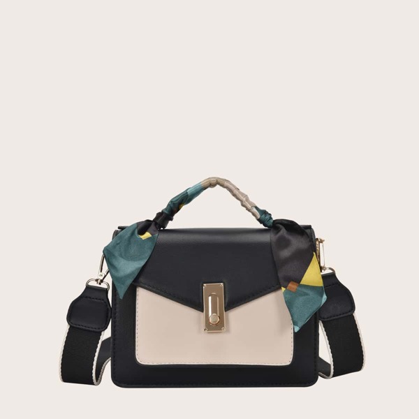

Twilly Scarf Decor Color Block Satchel Bag, Black