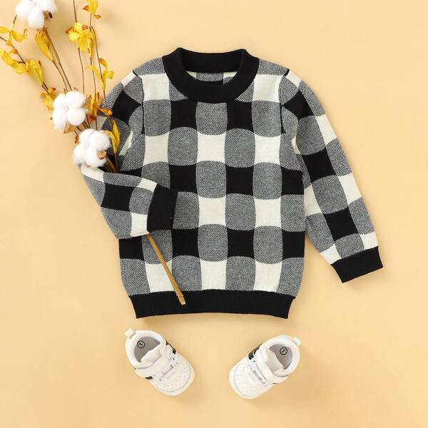 

Toddler Boys Plaid Crew Neck Sweater, Black and white