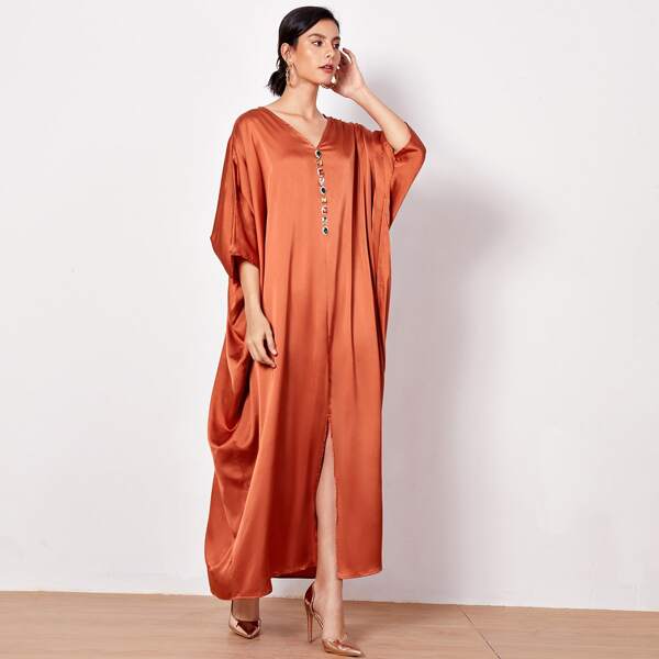 

Batwing Sleeve Rhinestone Front Split Hem Satin Dress, Burnt orange