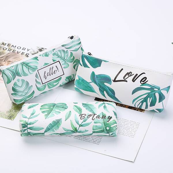 

1pc Leaf Print Random Pencil Bag, Green