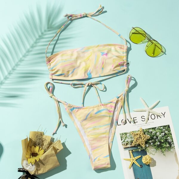 

Graphic Print Bandeau Tie Side Bikini Swimsuit, Yellow pastel