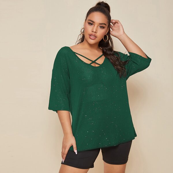 

Plus Crisscross Neck Drop Shoulder Tee, Green