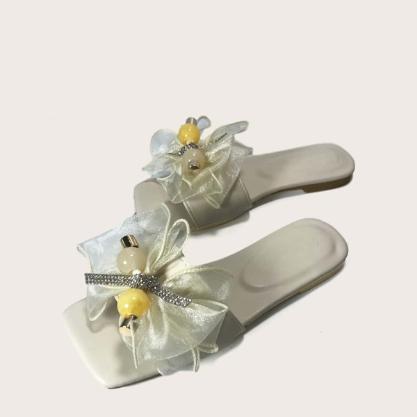 

Open Toe Bow Decor Slide Sandals, Beige