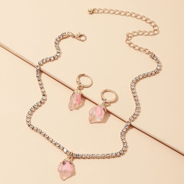 

Resin Gravel Diamond Necklace Earrings, Pink