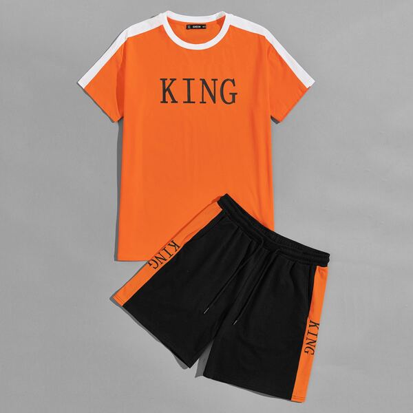 

Men Letter Graphic Top & Contrast Sideseam Track Shorts Set, Multicolor